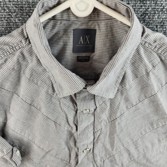 Armani Exchange Large Black White Striped Short Sleeve Pearl Snap Double Collar - Picture 2 of 16